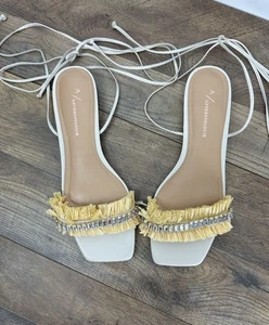 ANTHROPOLOGIE Fringe Embellished Tie-up Square Toe Sandals 8 US / 39 EU Beach - Picture 1 of 10