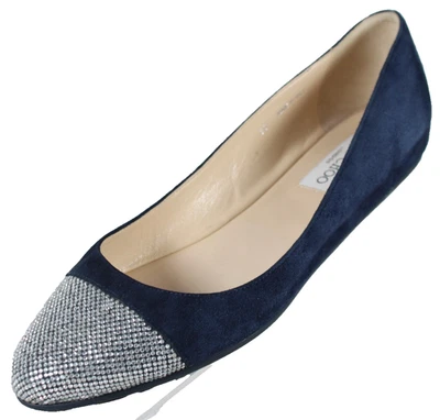 JIMMY CHOO Navy Suede Silver Crystal Cap Round Toe Ballet Flats 38 - Image 1 of 4