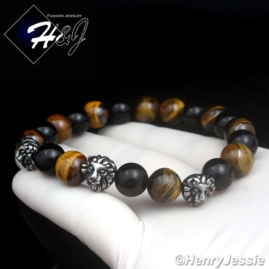 MEN Stainless Steel 10mm Black Onyx/Tiger Eye Beads 3D Lion Heads Bracelet*SB108 - Image 1 of 2