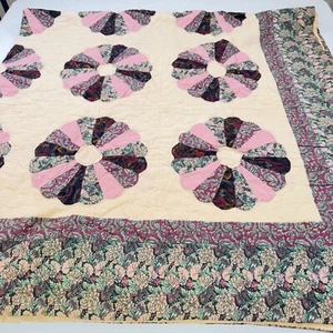 quilt queen dresdan purple green floral patchwork cotton rustic primitive - Picture 1 of 19