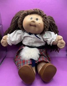 VINTAGE 82’ CABBAGE PATCH DOLL w Plaid Kilt Outfit Diaper Brown Hair Pigtails - Picture 1 of 8
