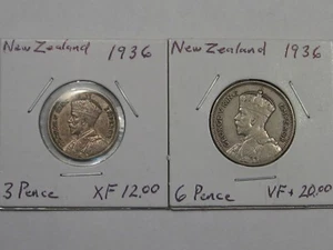 2 Silver New Zealand Coins: 1936 Six Pence & 1936 Three Pence. #12 - Picture 1 of 6