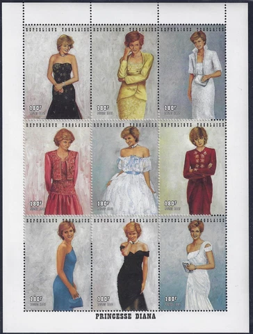 TOGO 1997 PRINCESS DIANE IN DESIGNER GOWNS 9 SOUVENIR SHEETS & SHEET OF 9 Sc Cover