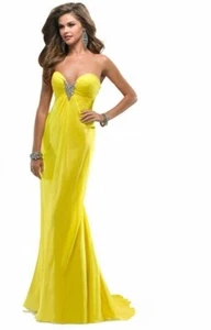 FLIRT MAGGIE SOTTERO ❤️ $299 10 CHIFFON LEMON YELLOW JEWELED FORMAL PROM CRUISE - Picture 1 of 2