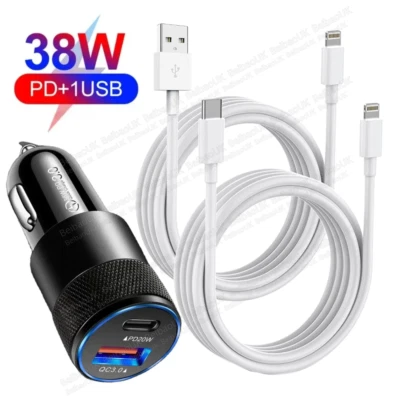 For iPhone 14 12 11 8 7 38W PD QC 3.0 Fast Car Charger Power Adapter USB C Cable - Image 1 of 4