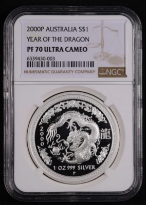 2000 Australia Lunar Dragon Silver Proof Dollar 1 oz Elizabeth II NGC PF 70 UC - Image 1 of 2