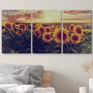 Wall26 Canvas Wall Art Set of 3 - Washed Out Sunset Sunflower Field Prints - Picture 1 of 6