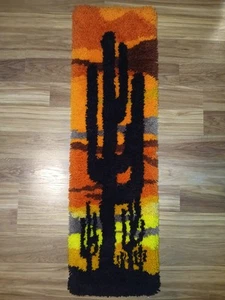 Vintage 70s Cactus Sunset Latch Hook Rug Wall Hanging Art MCM XL 43"x13" - Picture 1 of 6