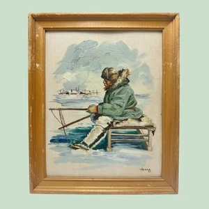 Vintage Original Painting Ellen Henne Gooddale Alaska Man Fishing Ice Village - Picture 1 of 9