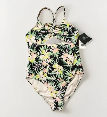 Volcom Girls NWT Pink On Tropic One Piece Swimsuit Size 10 Floral Hawaiian Black - Image 1 of 4