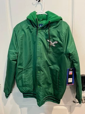 Philadelphia Eagles Kelly Green Retro Satin Snap Button Hooded Jacket Men's Size - Image 1 of 4