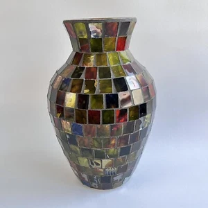 Pier 1 Stained Glass Mosaic Art Vase - Green, Red, Blue Rainbow - Picture 1 of 4