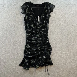 Banana Republic Black Floral Dress Flutter Sleeve V-Neck Cinch Womens Size 2 NWT - Picture 1 of 20
