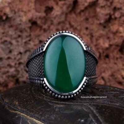 Gemstone Handmade Green Onyx Stone Solid 925 Sterling Silver Genuine Men's Ring - Image 1 of 4