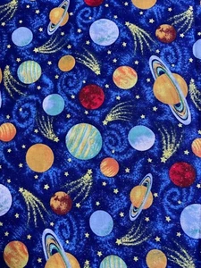 Planets on Glitter Blue Fabric Galaxy Space Comet Stars OOP Quilt Craft 17 IN - Picture 1 of 3