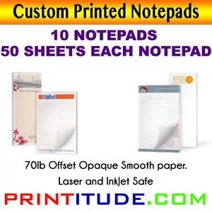 BLOCS DE NOTAS DE IMPRESIÓN PERSONALIZADOS 4X5.5 (10 ALMOHADILLAS-50 HOJAS) 70 LB Impresión Opaca PERSONALIZADA - Imagen 1 de 1