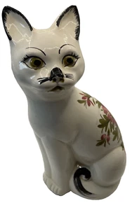 Ceramic Cat Hand Painted with Flowers ,Eye Lashes ,Vintage Kitsch - Picture 1 of 8