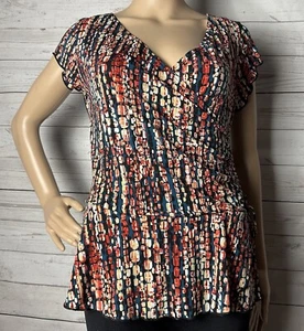 Roz & Ali Blouse Small Red Blue Black Cream Pattern Wrap Style Peplum Shirt Top - Picture 1 of 14
