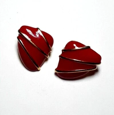 Pendientes MONET Esmalte Rojo Tono Dorado Remolino Rayas Clip Usados en Excelente Condición Foto 1 de 4
