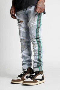 MEN'S MOTO JEANS GREEN STRIPE REFLECTOR SAFETY TAPE SKINNY FASHION JEANS - Picture 1 of 4