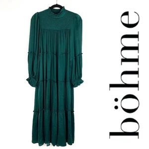 Bohme Maxi Dress Smocked Tiered Long Sleeve Mock Neck Emerald Green Small - Picture 1 of 8