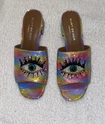 SANDALIA MULA OJO BLOQUE OLIVA KURT GEIGER LONDRES LENTEJUELAS EN MULTI TALLA 42/10 EE. UU. Foto 1 de 4