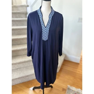 J. McLaughling dunkelblau Jakobsmuschelbesatz Langarm Tunika Catalina Stoffkleid - Bild 1 von 8