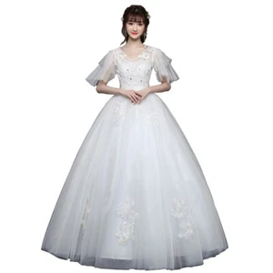 Bride White Wedding Dress Women Bridal V- Neck Frocks Princess Ball Gowns - Picture 1 of 8