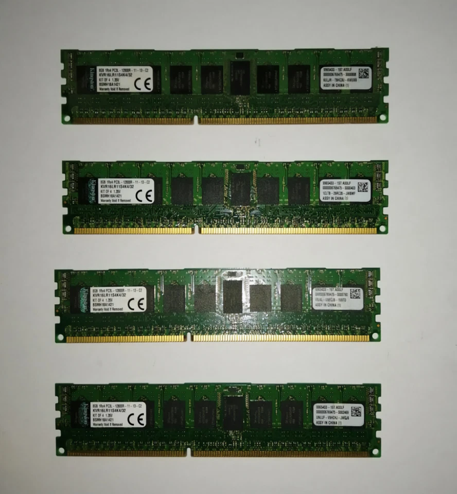 4 x 8 GB RAM SERVER KINGSTON PC3 - 12800R DDR3 KVR16LR11S4K4/32  - Immagine 1 di 1