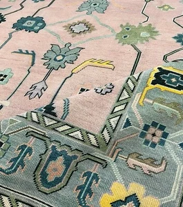 Alfombra moderna Oushak floral anudada a mano 10x14 rosa azul 100 % lana alfombras para el hogar - Imagen 1 de 5