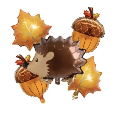 5pcs Autumn Maple Leaf Pine Cone Foil Balloons Fox Squirrel Hedgehog Party Set - Image 1 of 4