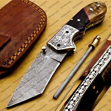 Damascus Folding Pocket knife Hunting knife 100% Damascus Wood Handle + Sheath