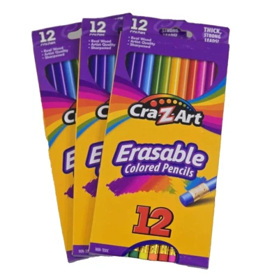 Paquete de 3 lápices de colores Cra-Z-Art de madera real preafilados fuertes borrables 12 colores Foto 1 de 3