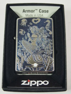 Zippo Armor Case Mermaid Etching White Nickel Swarovski Silver Oil Lighter New - Image 1 of 4