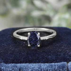 Delicate Blue Sandstone Ring Oval Cut Blue Sandstone Ring 925 Sterling Silver - Picture 1 of 3