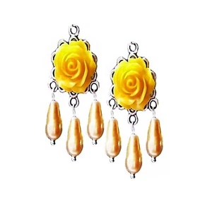 Earrings yellow rose and pearl chandelier, choose clip on or pierced fittings - Picture 1 of 5