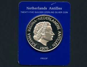 1976 Netherlands Antilles 25 Gulden Silver Coin Sealed With COA 42.12 Grams .925 - Picture 1 of 3