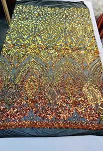 ORANGE IRIDESCENT DIAMOND DESIGN WITH SEQUINS ON A 4 WAY STRETCH BLACK MESH- - Picture 1 of 8
