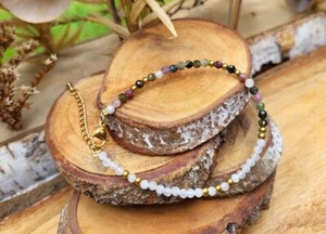 Multi Tourmaline & Moonstone 2 Multi Faceted Round Gemstone Beads Bracelet 6-8" - Picture 1 of 9