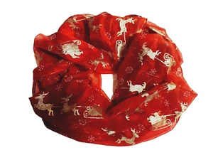 Christmas Infinity Scarf 35”X22” Red and Shiny Gold W Reindeer & Santa’s Sleigh - Picture 1 of 5