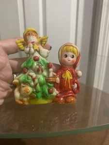 Vintage 1950's Blow Mold Girl With Tree, Angel, & Cat Christmas Tree Ornament - Picture 1 of 10