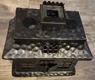 "Espeluznante linterna vela luminaria casa embrujada de metal negro ventanas naranja 9X9X5""" Foto 1 de 4