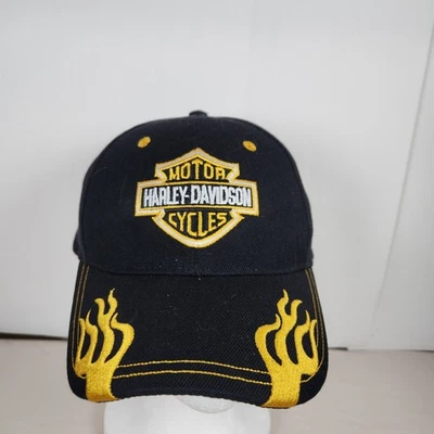 Harley Davidson Hat Black yellow flames Embroidered Logo adjustable biker adjust - Image 1 of 4