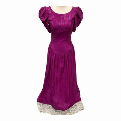 VTG 80s Magenta PUFF SLEEVE Formal Dress Women’s ILGWU USA Made Lace Hem Prom - Image 1 of 4