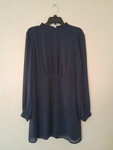 NWT ModCloth Sheer Long Sleeve Mock Neck Mini Dress in Navy Blue Size 14 A7 - Picture 1 of 12