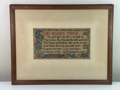 Antigua caligrafía de bendición cristiana de oración pintada a mano iluminada enmarcada Foto 1 de 4