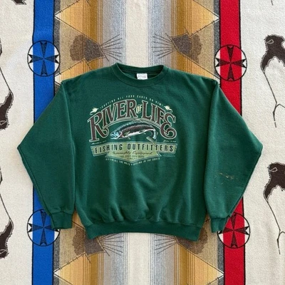 Vintage 90s River Of Life Fly Fishing Crewneck Sweatshirt Size Large Trout - Image 1 of 4