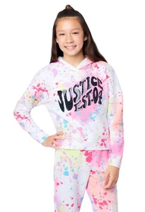 Justice Girls Fleece White Hoodie Sweatshirt Paint Splatter Logo Size 12/14 - Picture 1 of 10