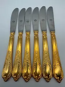 6 SBS BESTECKE ROSTFREI SOLINGEN GOLD PLATE SBB9 HARTVERGOLDET DINNER KNIVES - Picture 1 of 2