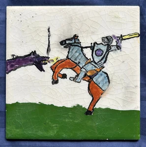 Knight Fighting Dragon Hand Painted Glossy Ceramic Tile / Child Artist - Picture 1 of 2